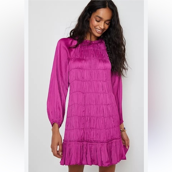 Anthropologie Maeve Tasha Satin Smocked Ruffle Dress - Picture 1 of 13
